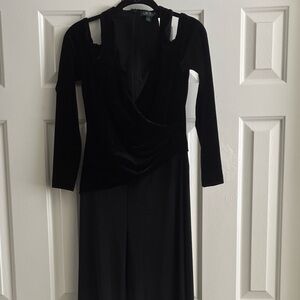 Ralph Lauren Women’s Black Burnout Velvet Cold Shoulder Wide Leg Jumpsuit  Sz 4